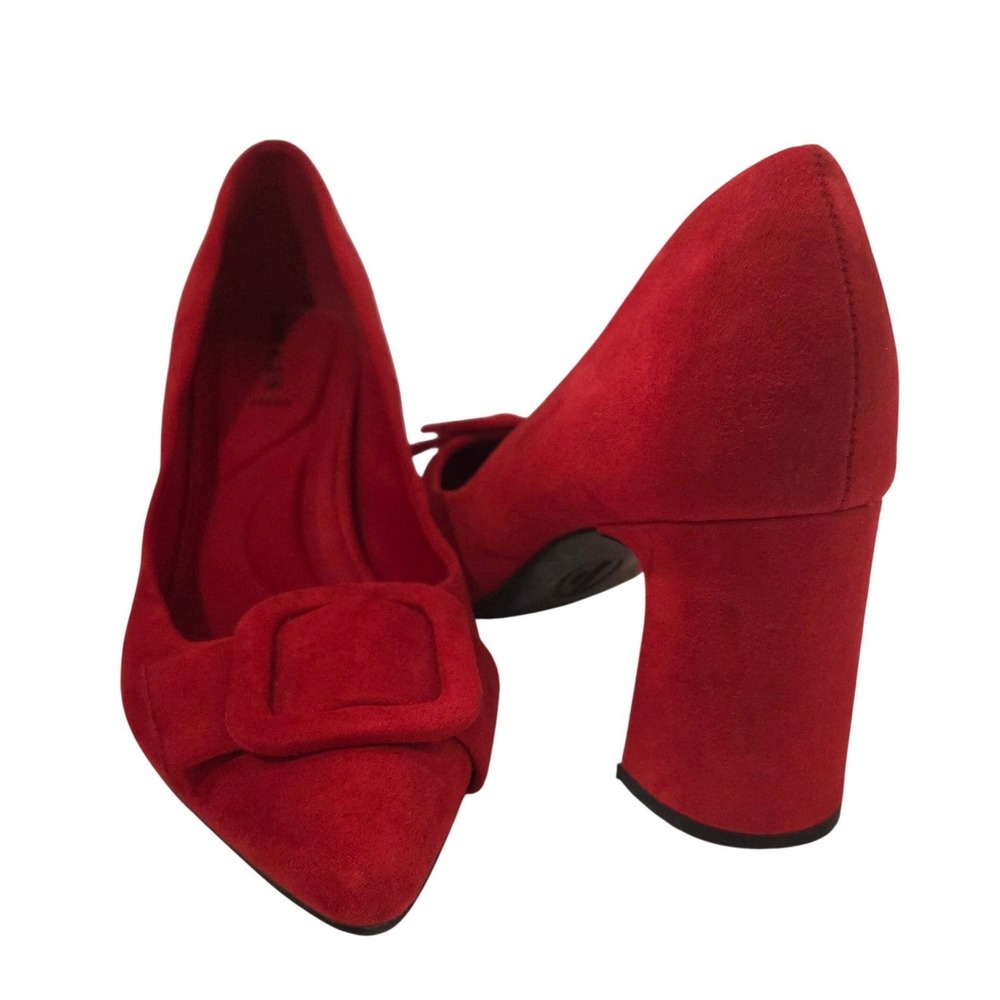 Anne Klein Red Pointed Toe Block Heel Pumps Buckle Detail 9 Y2K Retro Inspired